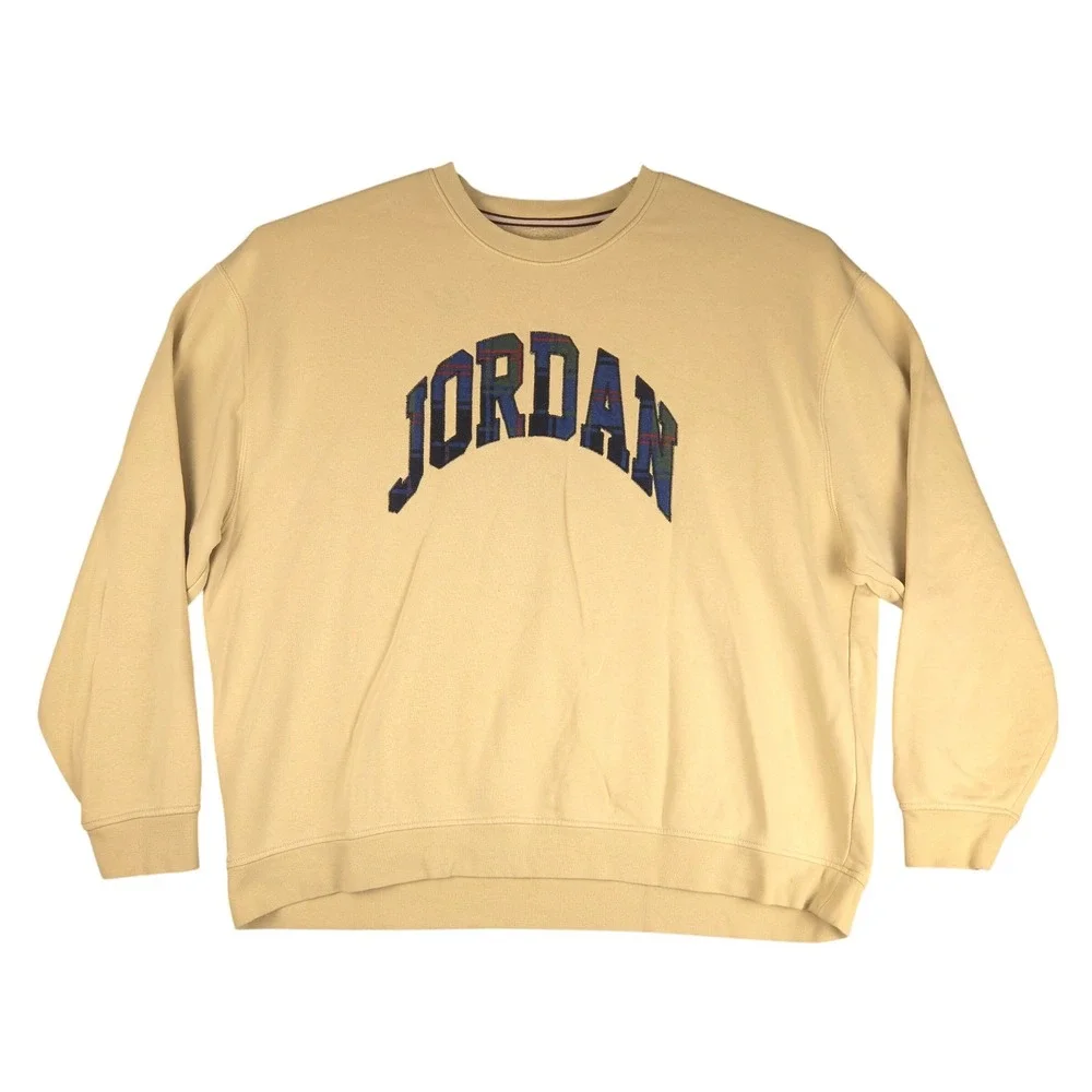 Jordan Essentials Plaid Logo Crewneck Sweatshirt Tan Beige DV1574-206 Mens 2XL